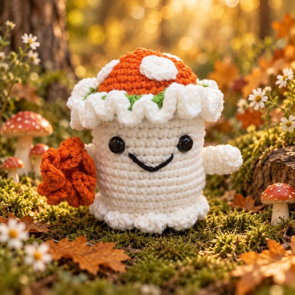 New Handmade Crochet Ghost Girl Mushroom Hat Flower Cottagecore Goblincore 5"